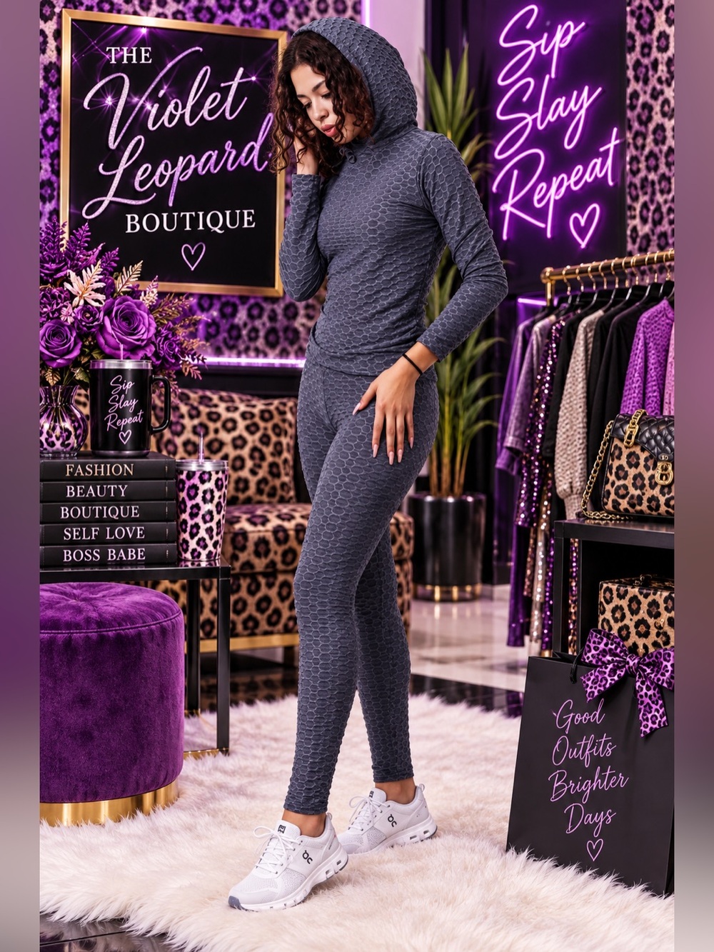 Hooded Textured Legging Set - Charcoal Gray
